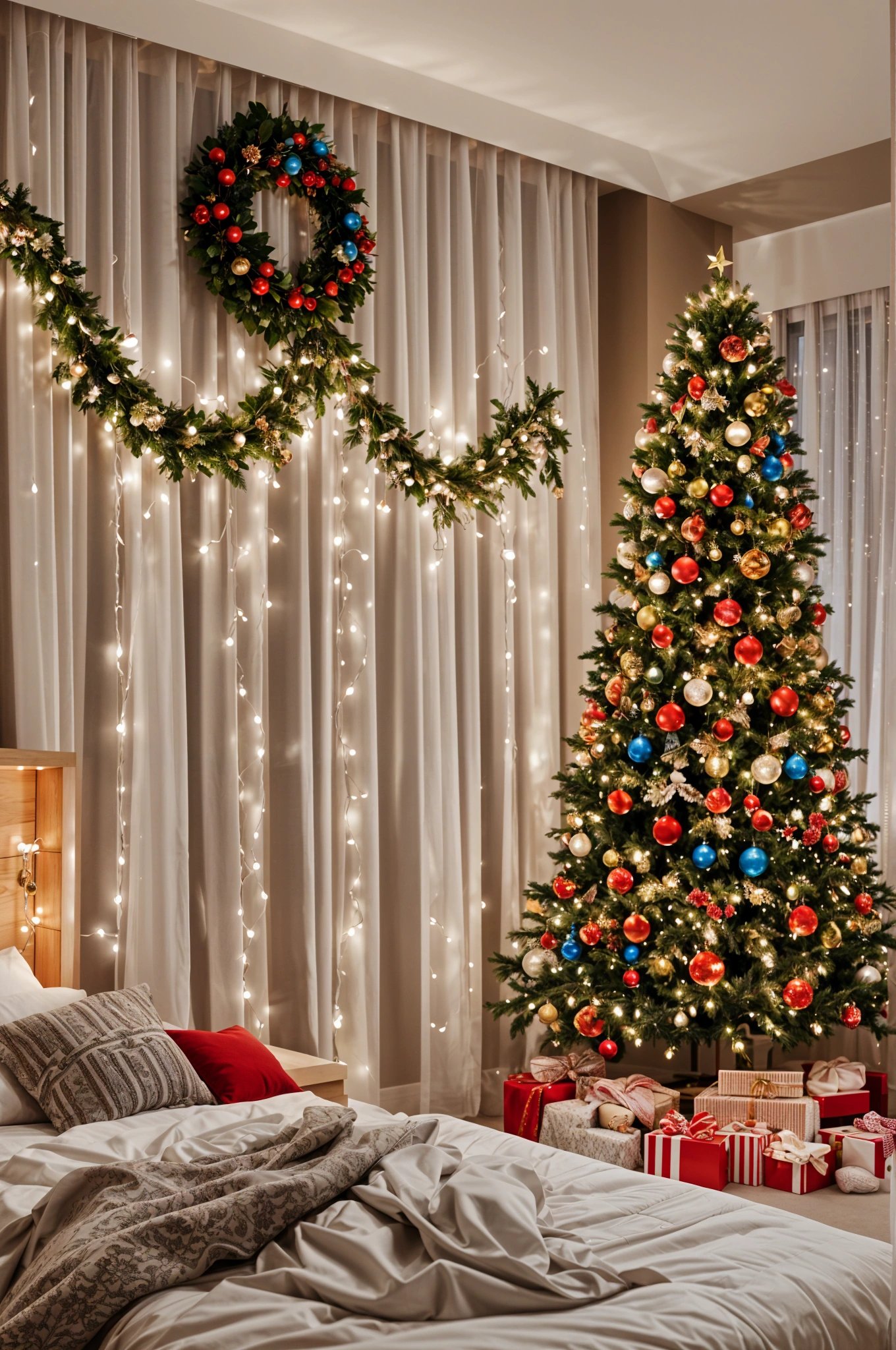 A bedroom decorated for Christmas with a tree and presents underneath it.