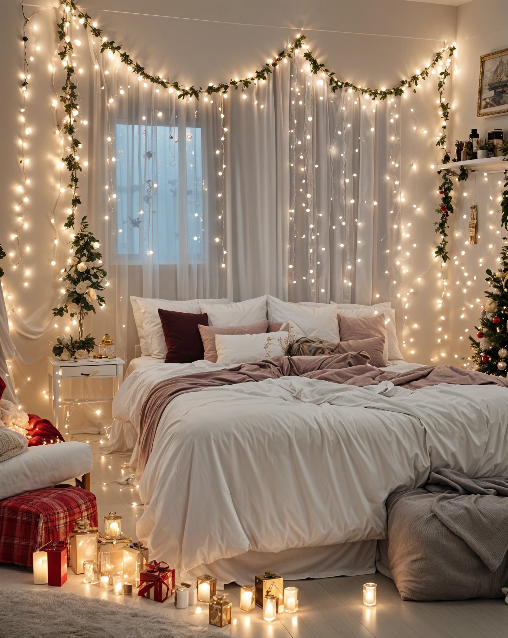 A bedroom with a bed and a Christmas tree in the corner. The bed has a white comforter and is covered with a blanket. The room is decorated with Christmas lights and a window with curtains. The bed has white pillows and a red pillow. A chair is also present in the room.