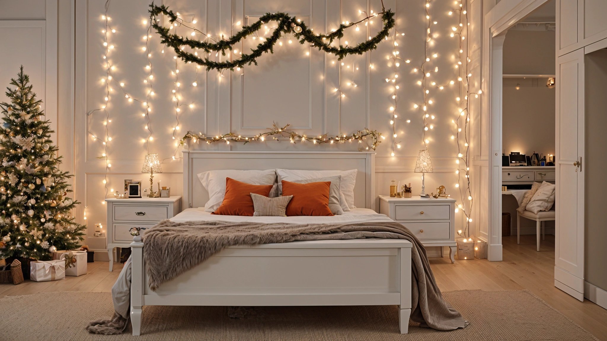 A bedroom with a white bed and orange pillows under Christmas lights.