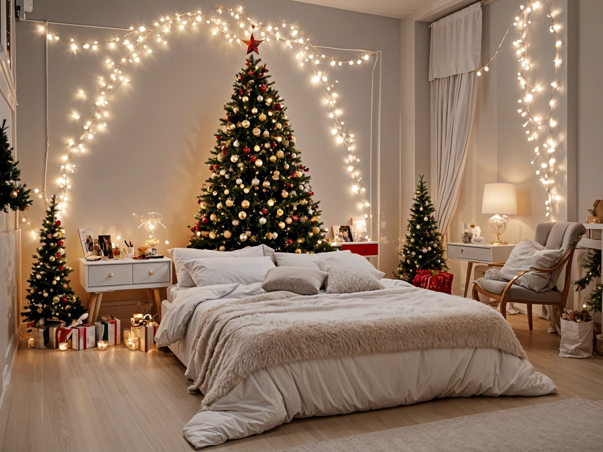 A cozy bedroom with a Christmas tree and lights