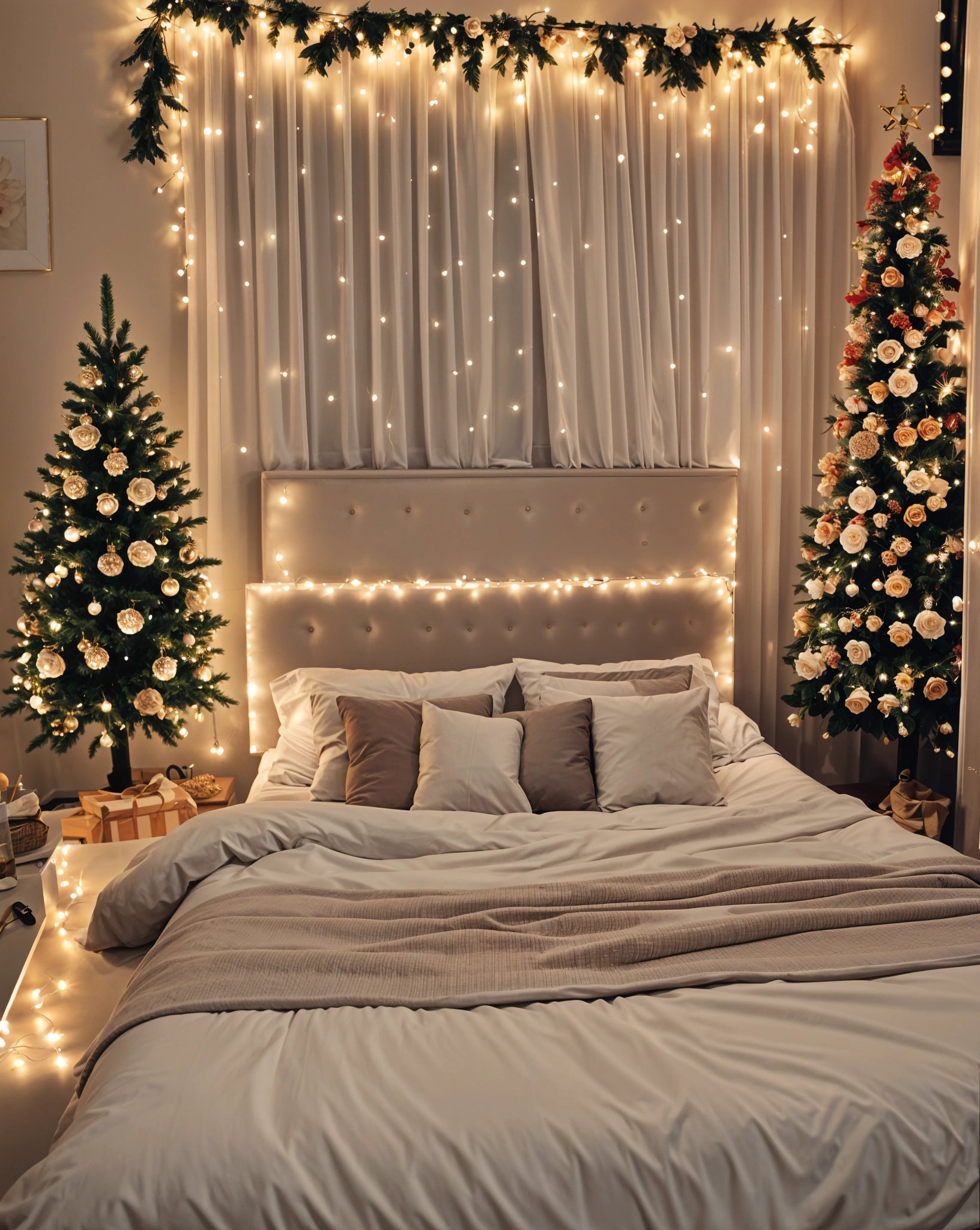 A bedroom with a white bed and two Christmas trees. The bed is covered in white sheets and has a white comforter. The room is decorated with Christmas lights and ornaments. The bed has a white headboard and is topped with two white pillows.