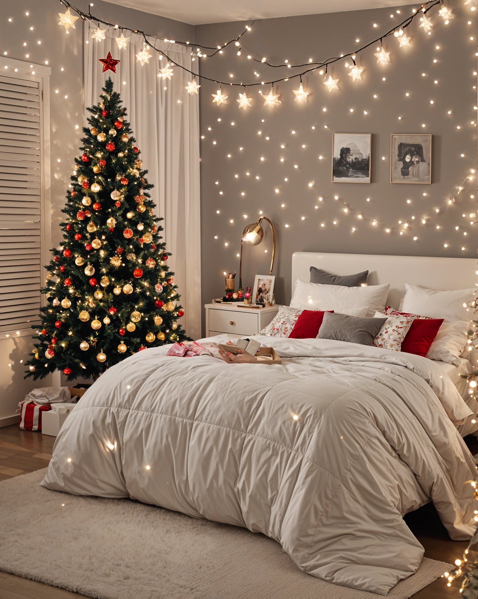 A bedroom decorated for Christmas with a bed and a Christmas tree in the corner.