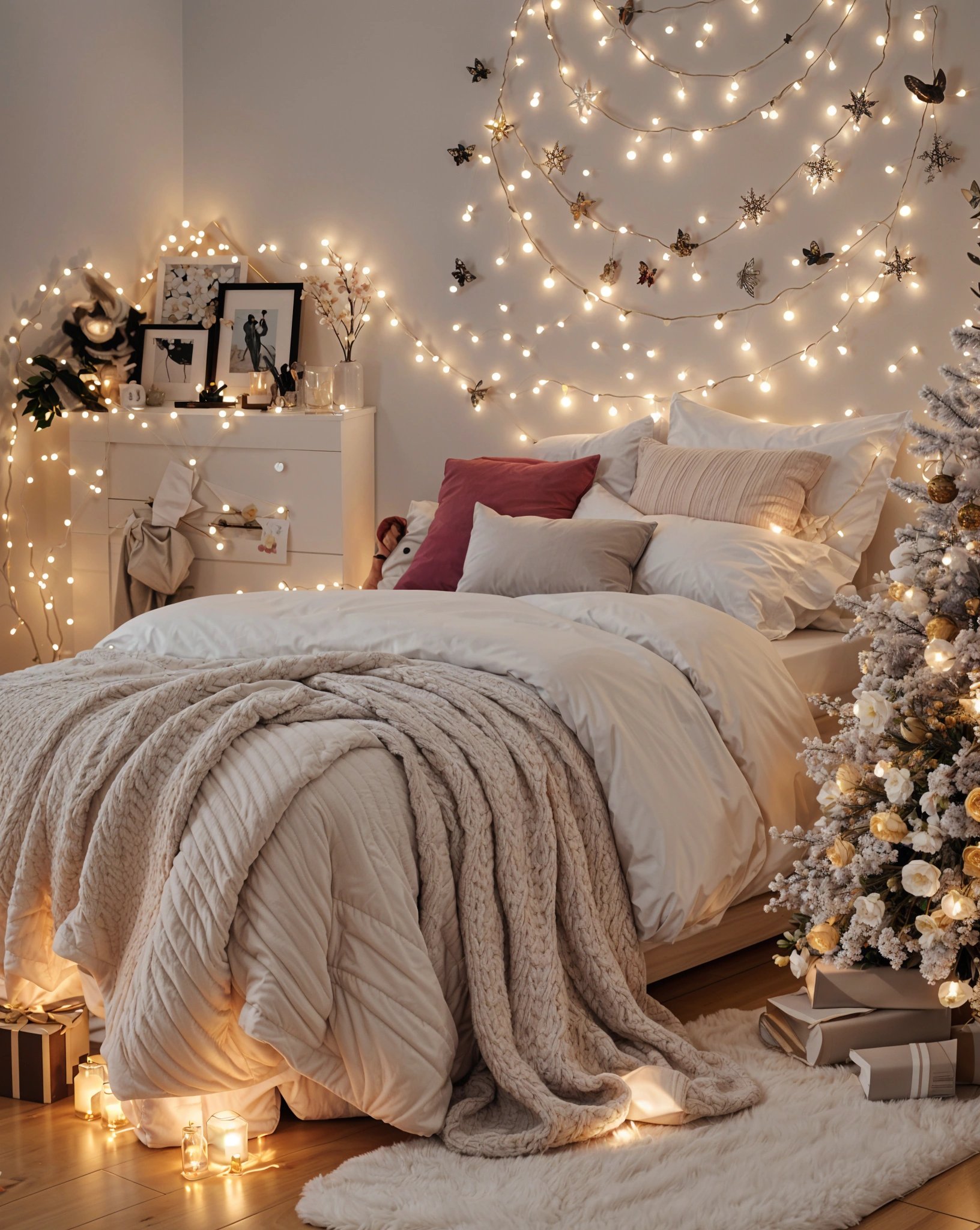 A bedroom decorated for Christmas with a bed, lights, and a Christmas tree.
