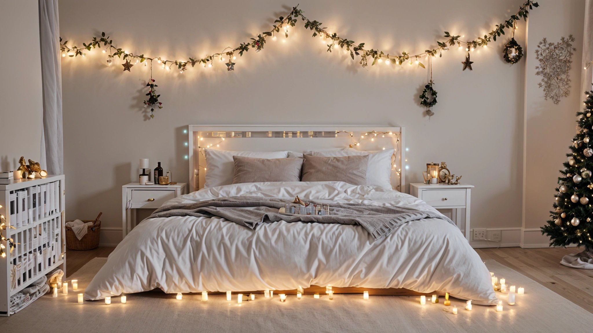 A bedroom with a bed, pillows, and Christmas decorations