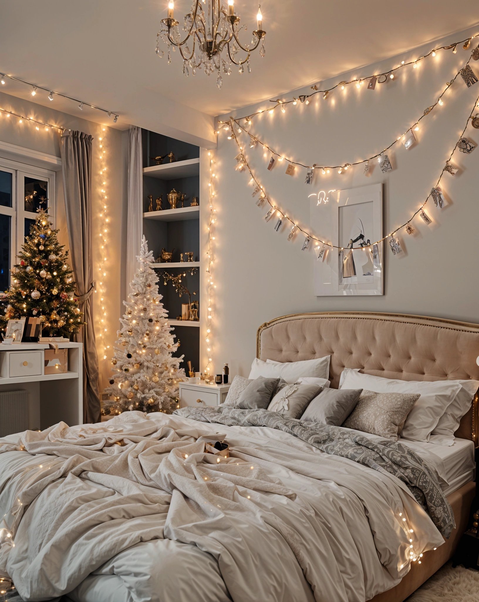 A bedroom with a white bed and a white Christmas tree. The room is decorated with lights and a picture hanging above the bed.