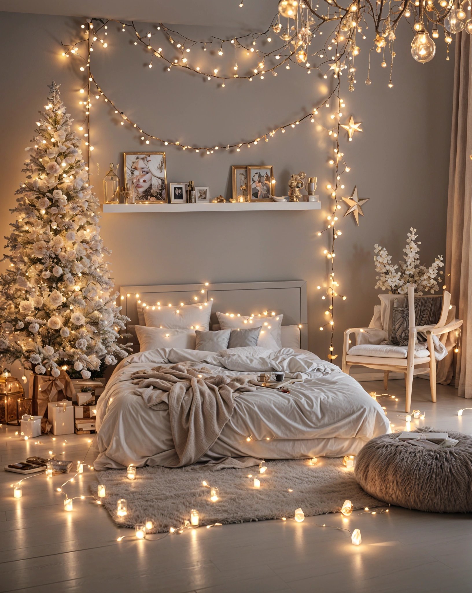 A bedroom with a white bed, white rug, and Christmas decorations. The room is decorated with lights and stars, creating a warm and festive atmosphere.