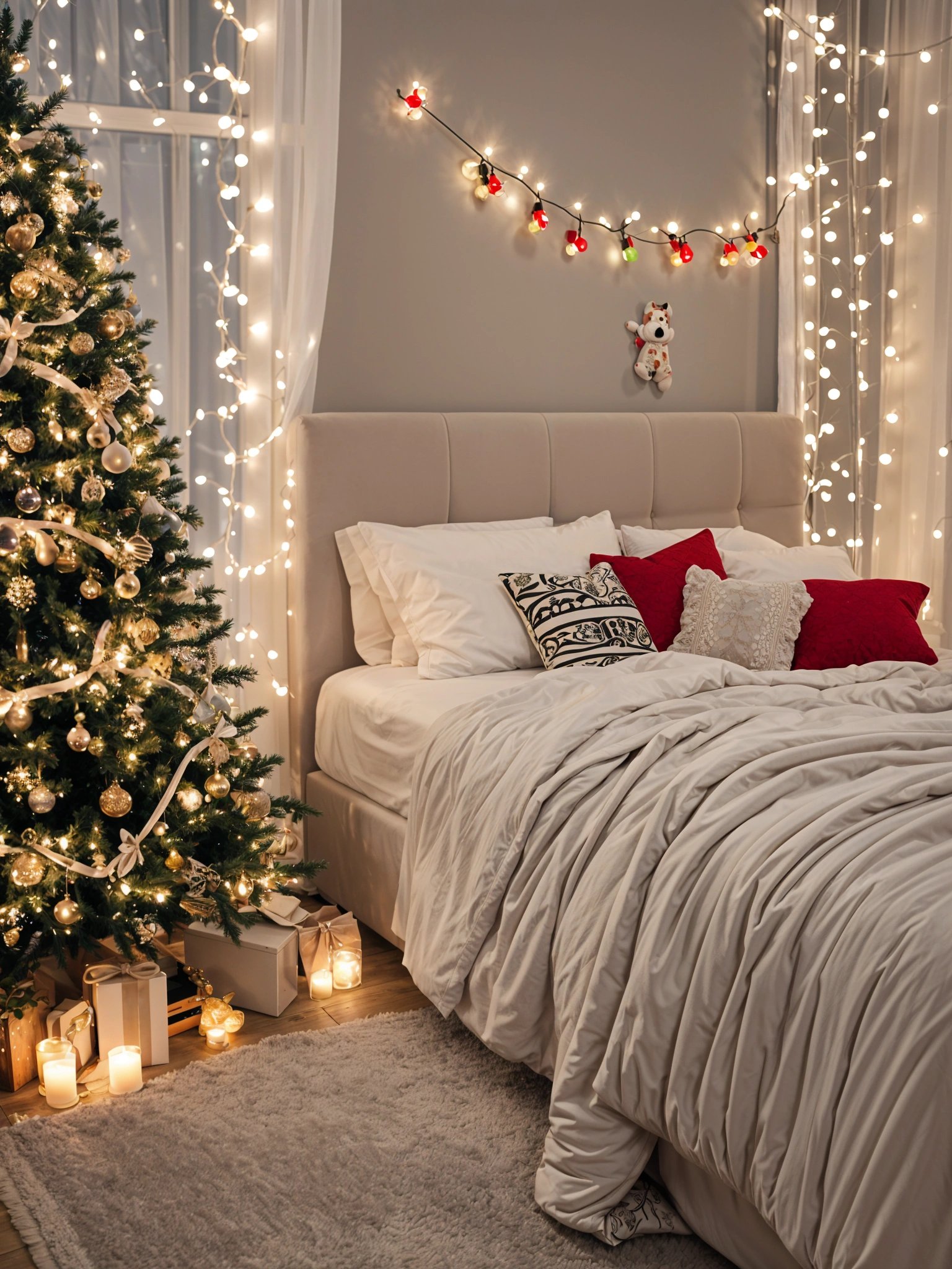 A bedroom with a bed and a Christmas tree in the corner. The bed is covered with a white comforter and has a few pillows on it. The room is decorated with Christmas lights and ornaments.