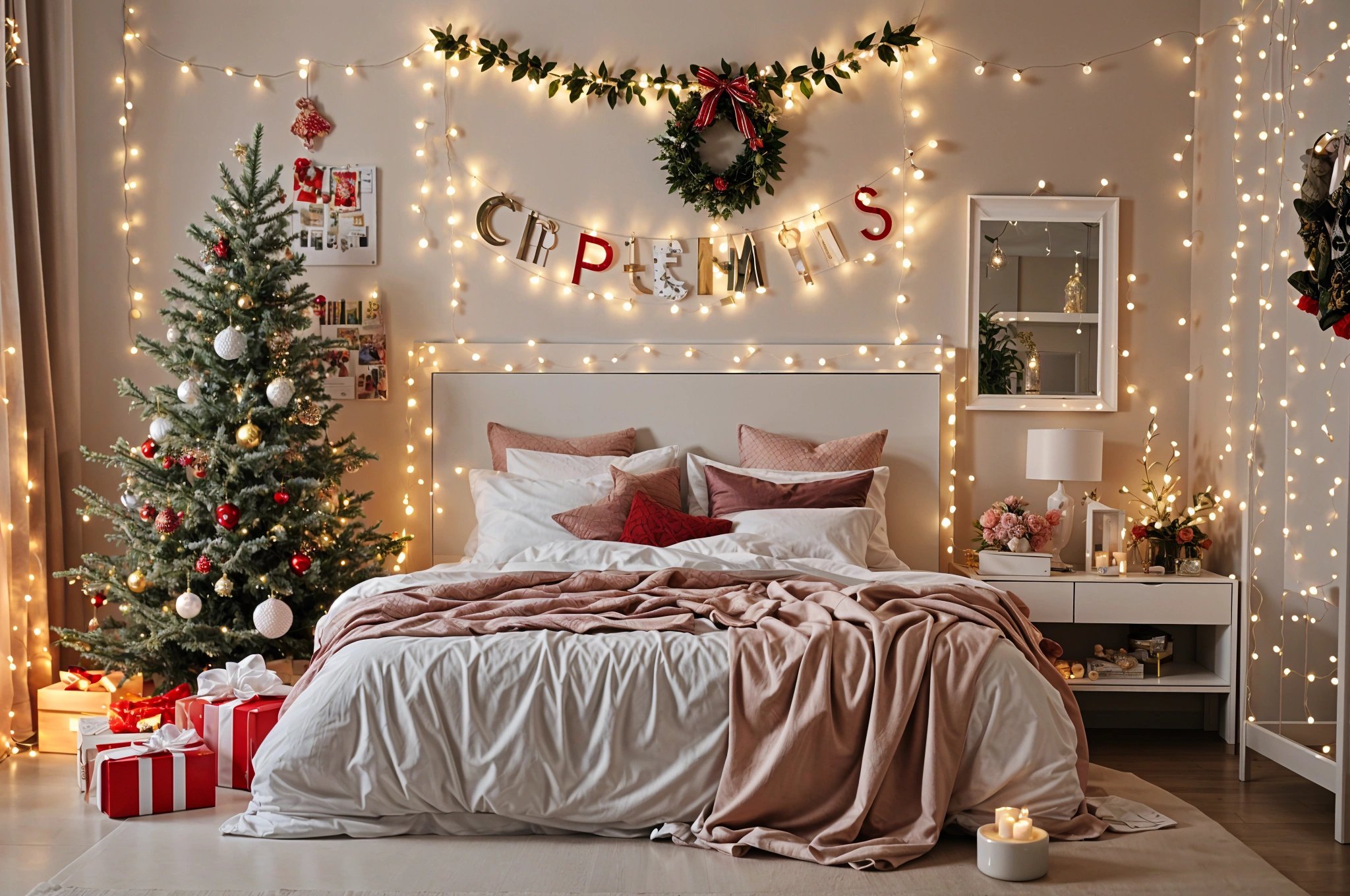 A bedroom with a bed and a Christmas tree. The bed is covered with a pink blanket and has a white comforter. The room is decorated with Christmas lights and a wreath.