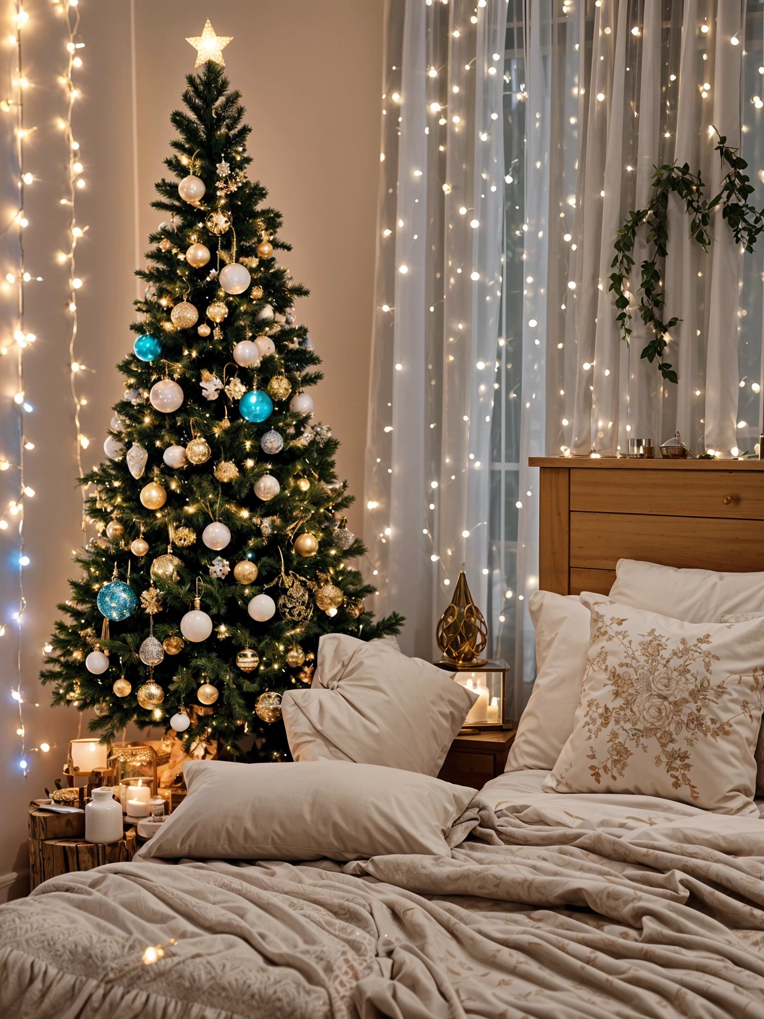 A bedroom with a Christmas tree and white pillows on the bed.