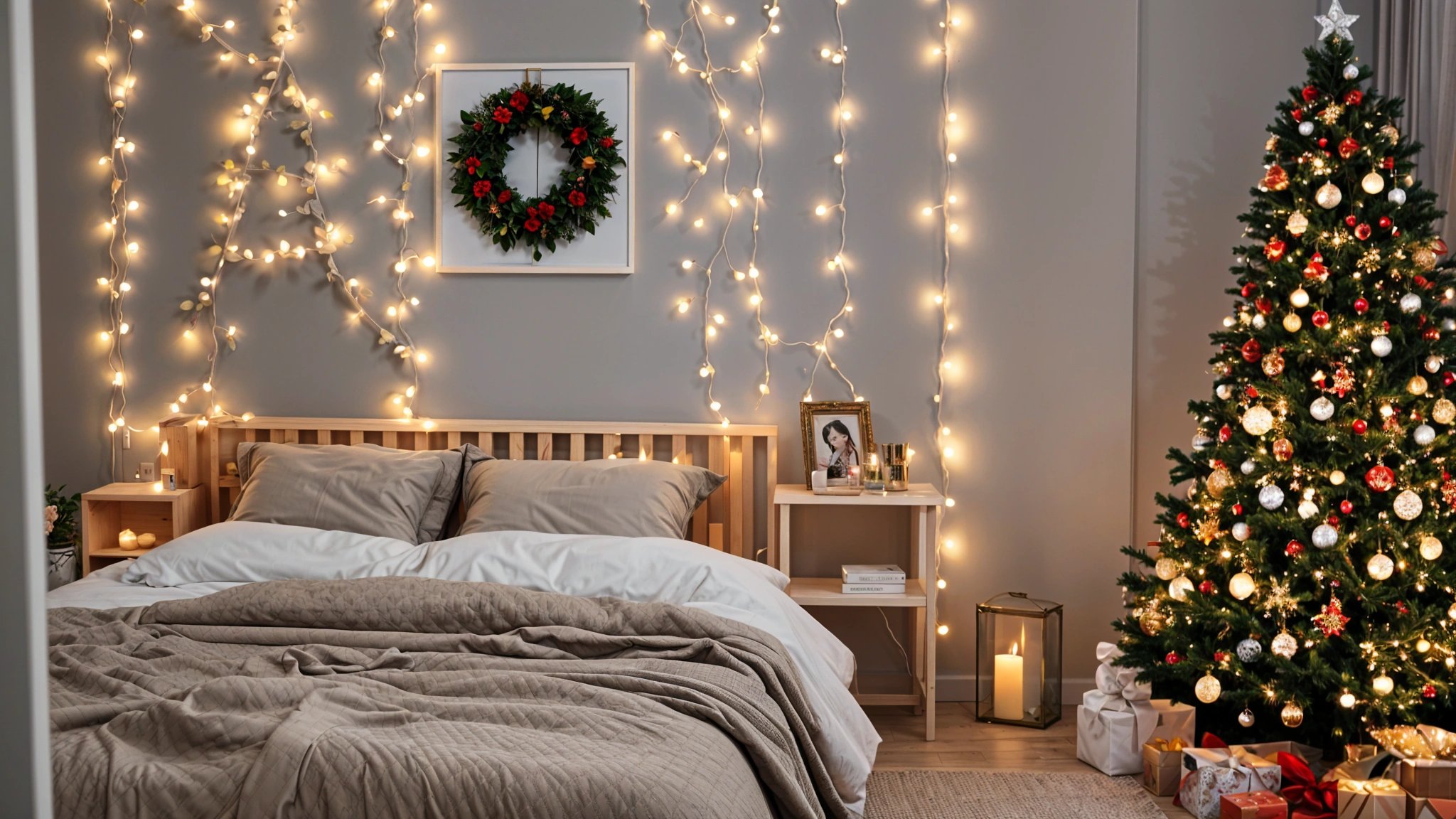 A bedroom with a bed underneath a string of lights, a nightstand, and a framed picture on the wall.