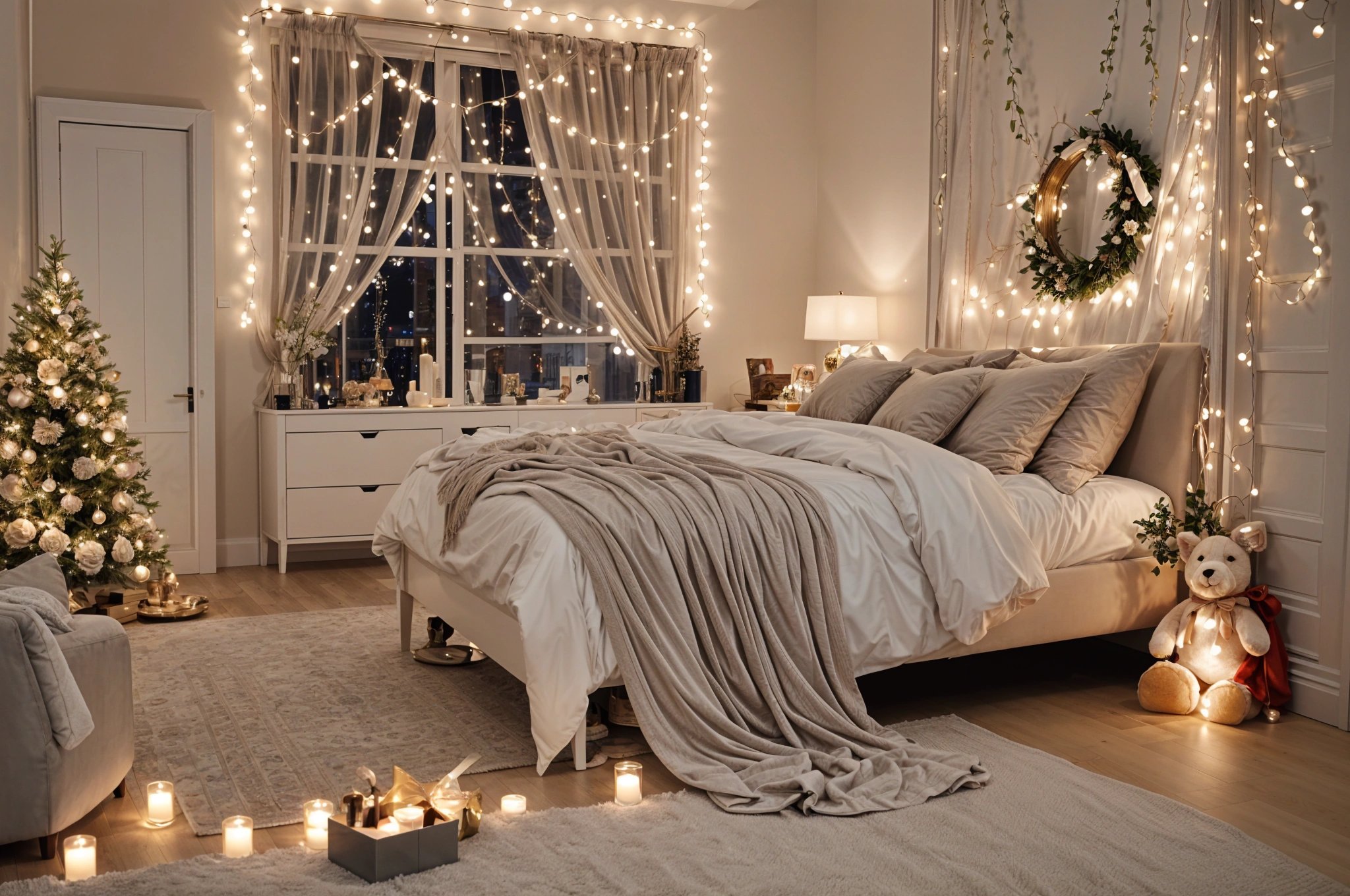 A cozy bedroom scene with a large bed, decorative pillows and a blanket. The room is dimly lit, creating a warm and inviting atmosphere.