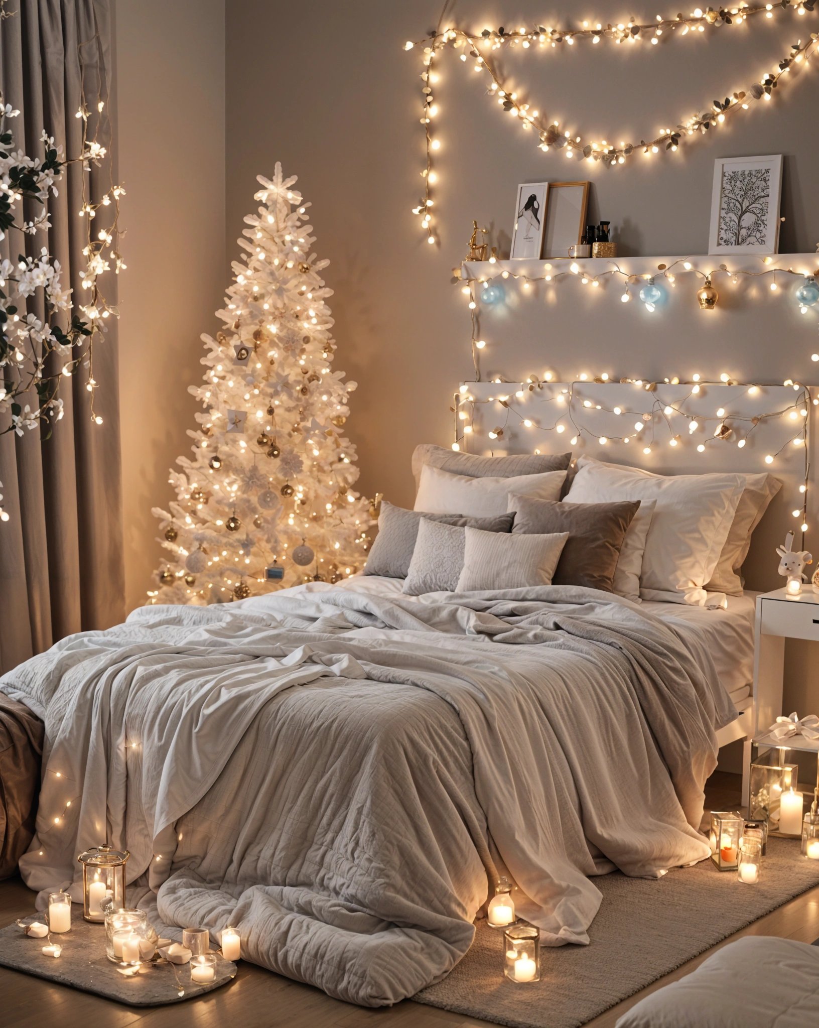 A bedroom with a white bed, Christmas tree, and lights. The bed is covered in white sheets and has a white comforter. The room is decorated with lights, creating a warm and inviting atmosphere.