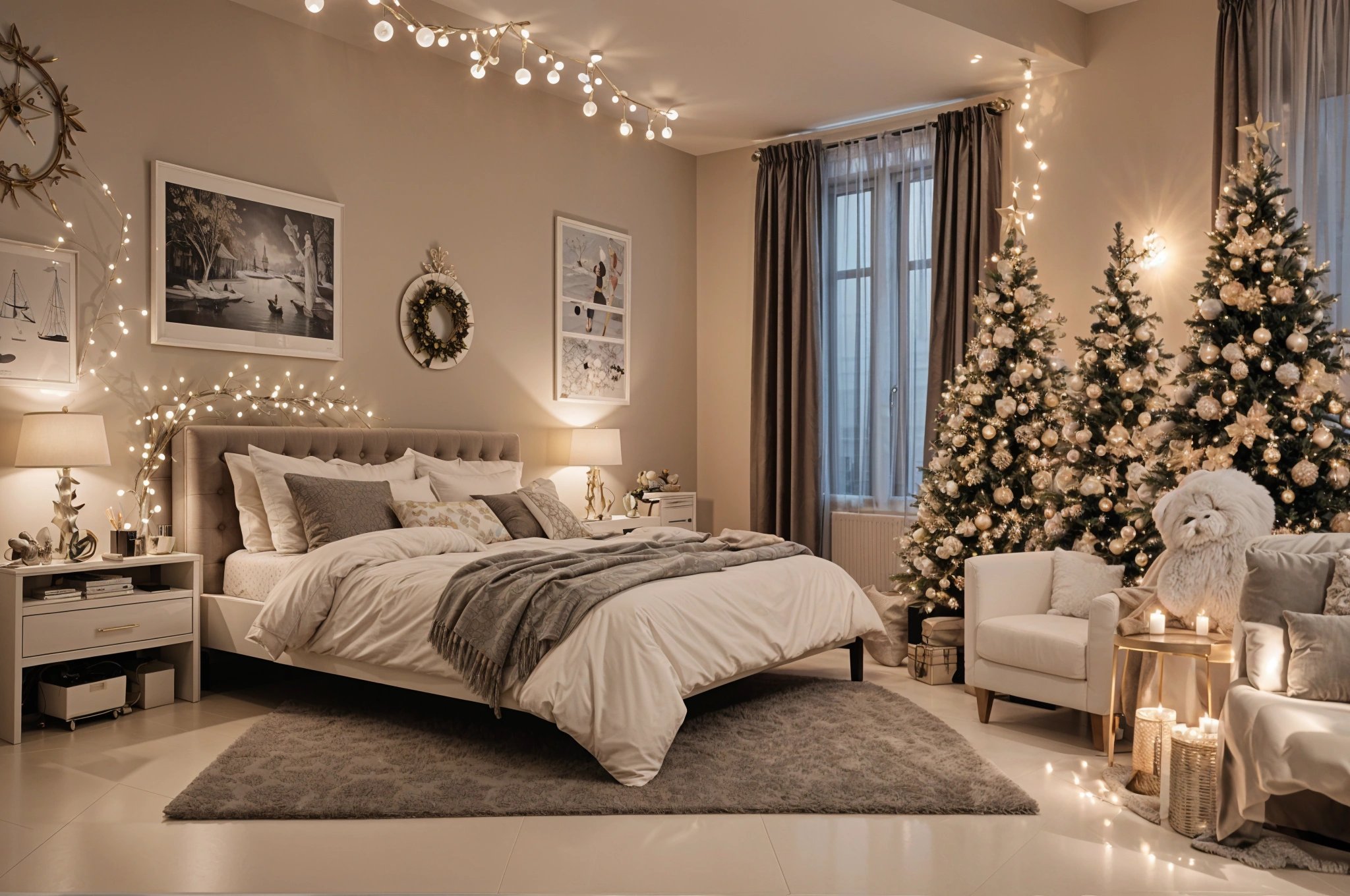 A bedroom with a white bed, a rug, a Christmas tree, and lights. The bed is covered in a grey blanket and has a white comforter. The room is decorated for Christmas with a tree and lights. The bedroom also features a couch and a chair.