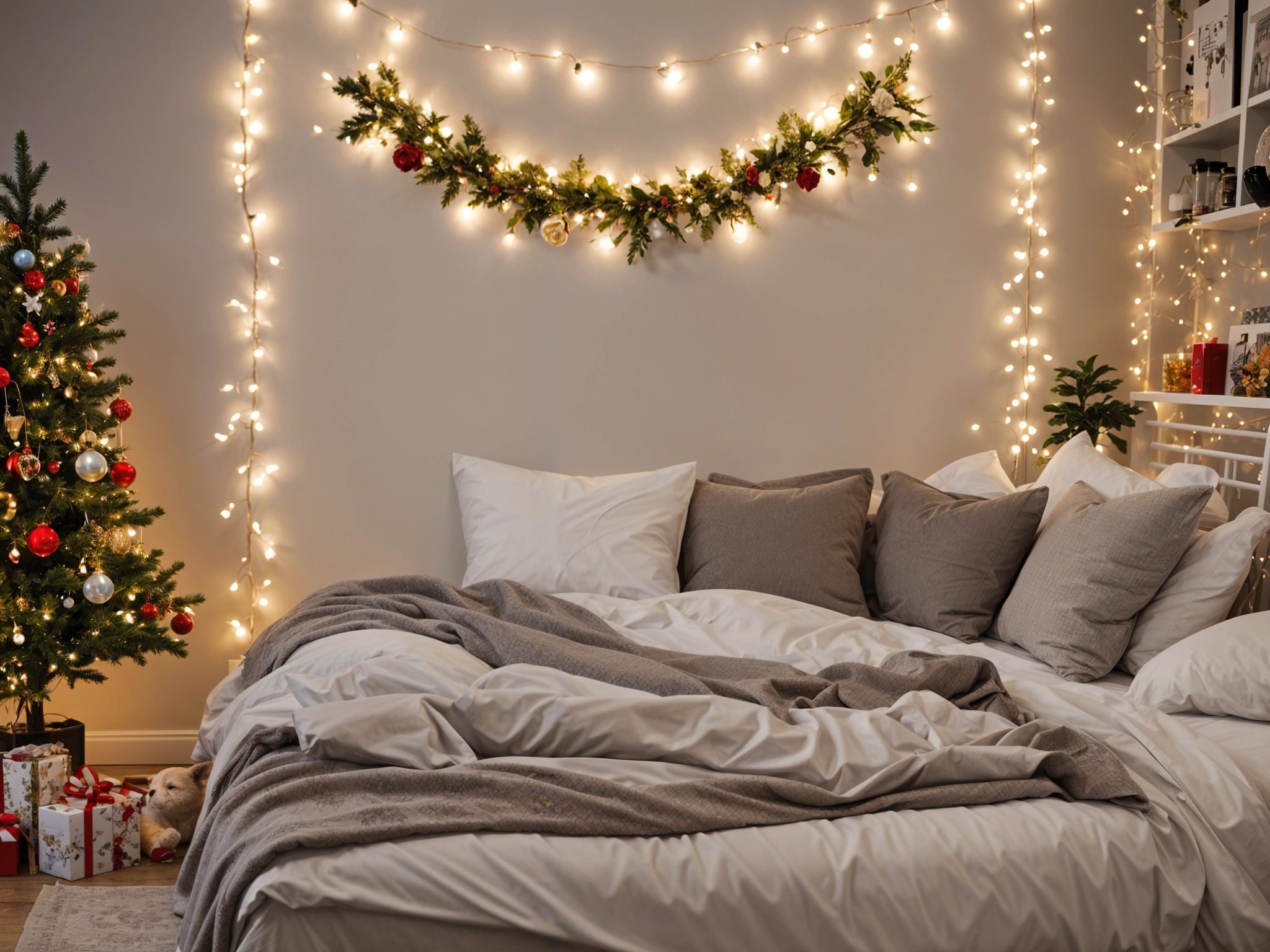 A bedroom scene with a bed under a string of lights.