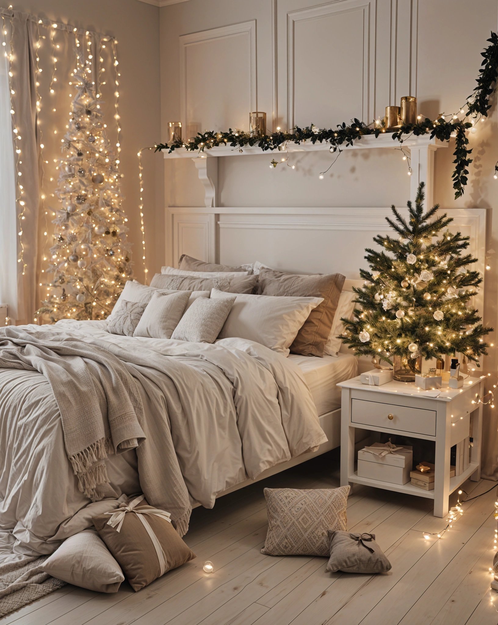 A bedroom with a white bed and a small tree. The room is decorated with Christmas lights and the bed is covered in a white comforter.