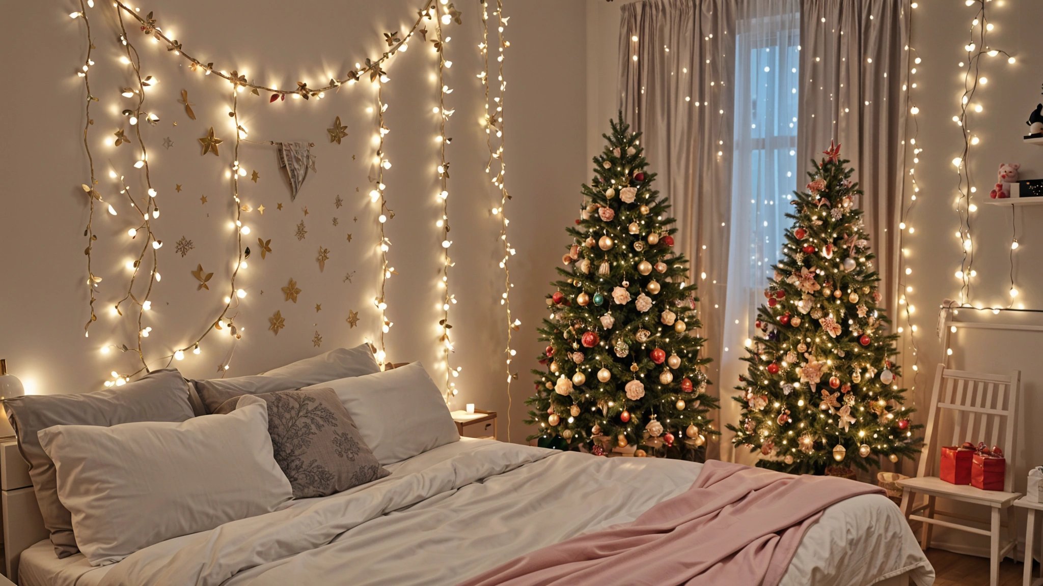 A bedroom with a bed and two Christmas trees in the corner, decorated with white lights.