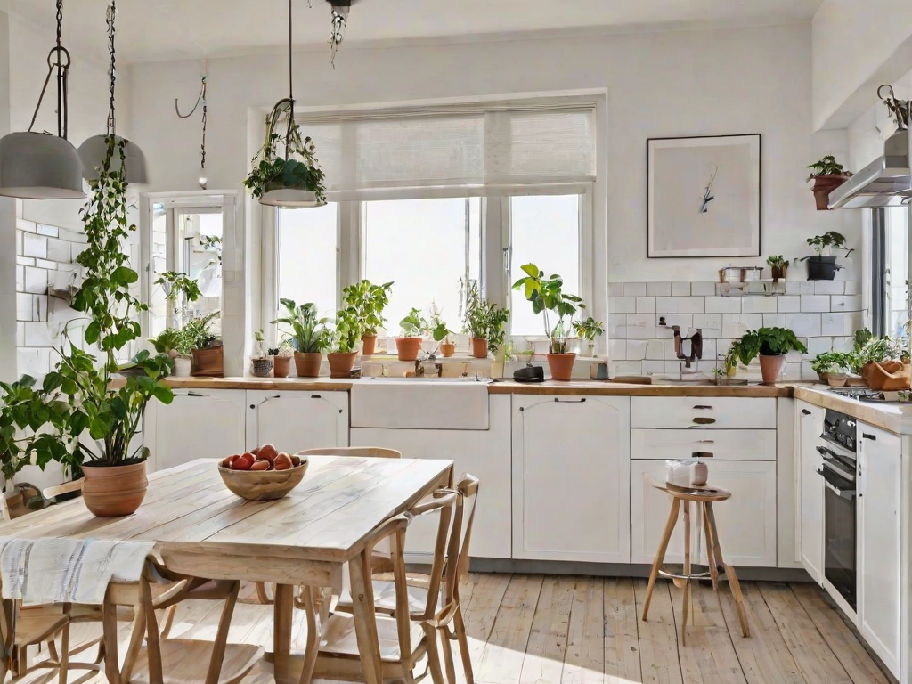A kitchen with a wooden dining table filled with potted plants and fruit. The table is surrounded by chairs and the kitchen has white cabinets and a countertop.