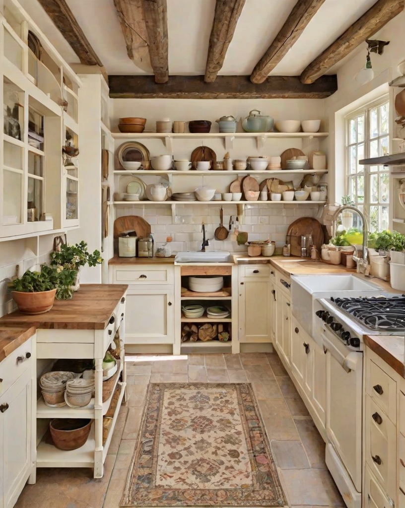 A kitchen with white cabinets and a large number of bowls and pots on the shelves.