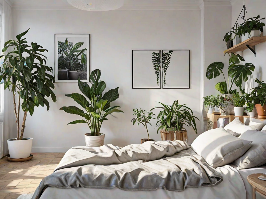 A bedroom with a large bed and several potted plants, featuring a Scandinavian design style.