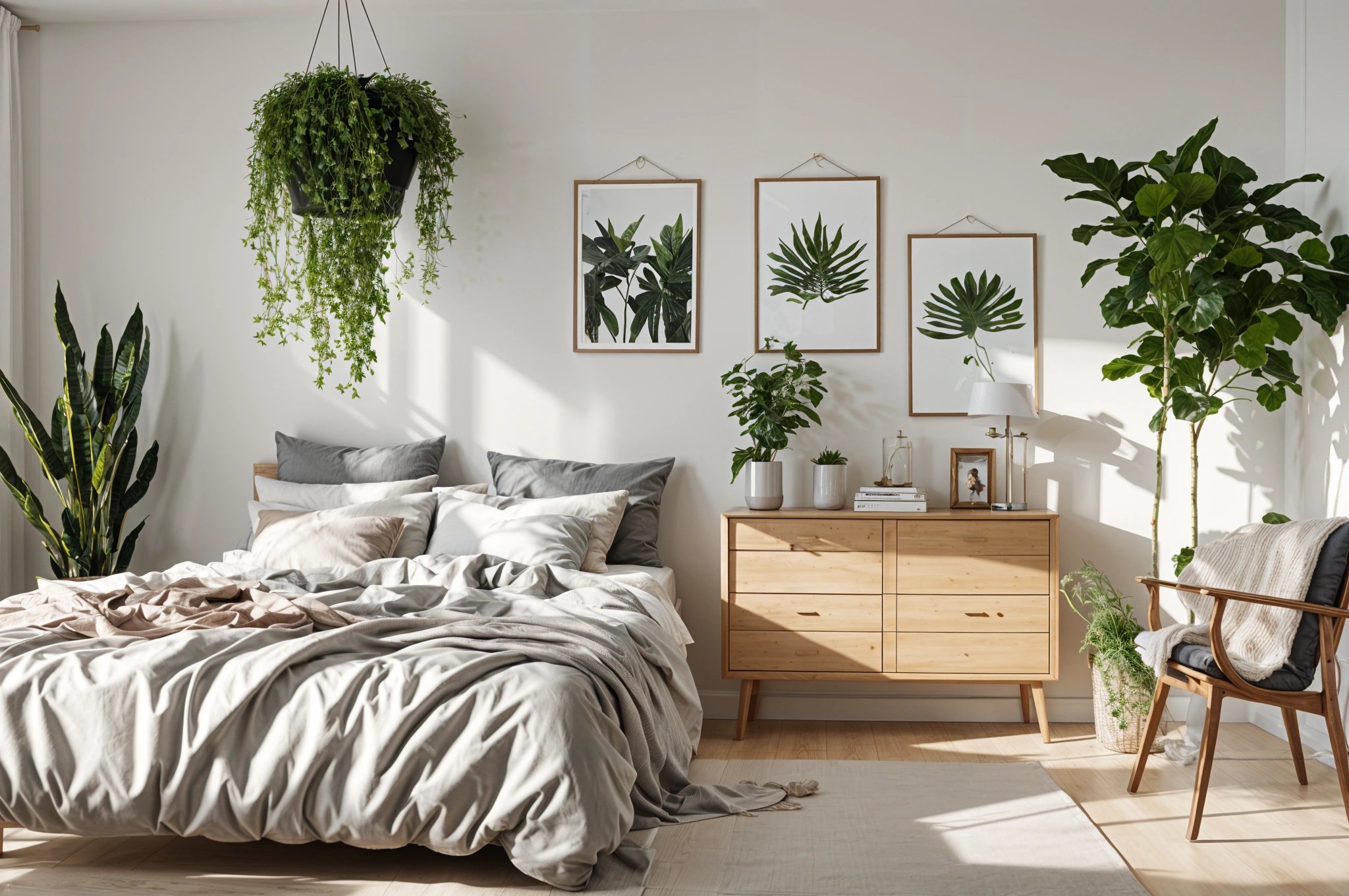 A bedroom with a large bed, a dresser, and several potted plants. The room is decorated in a Scandinavian style.