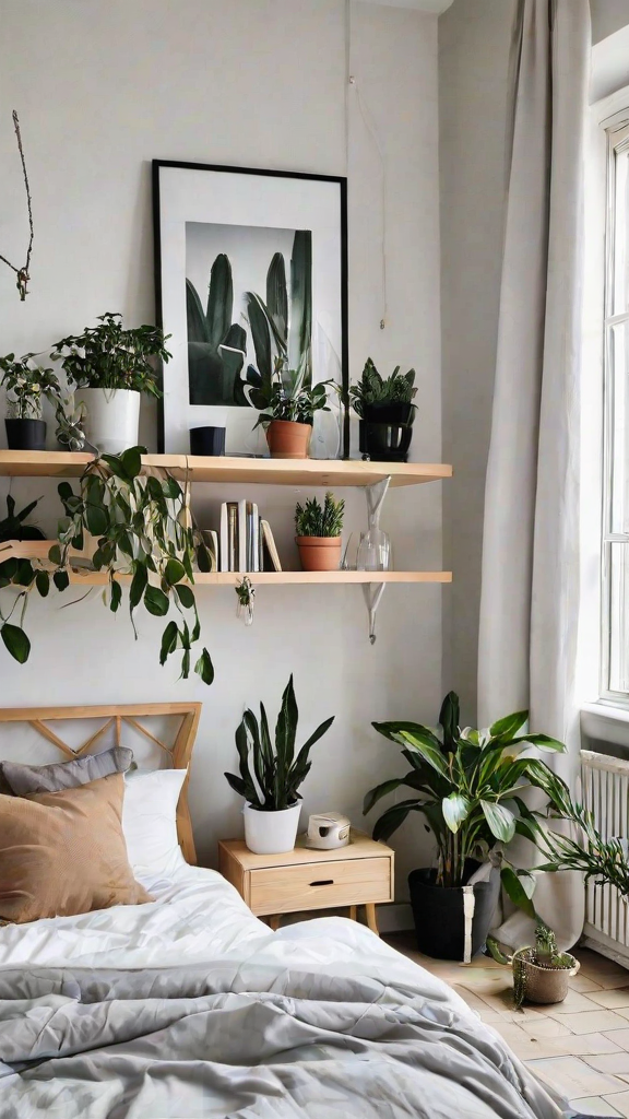 A room with a bed, a shelf with potted plants and books, and a window. The plants are green and the shelf is brown.