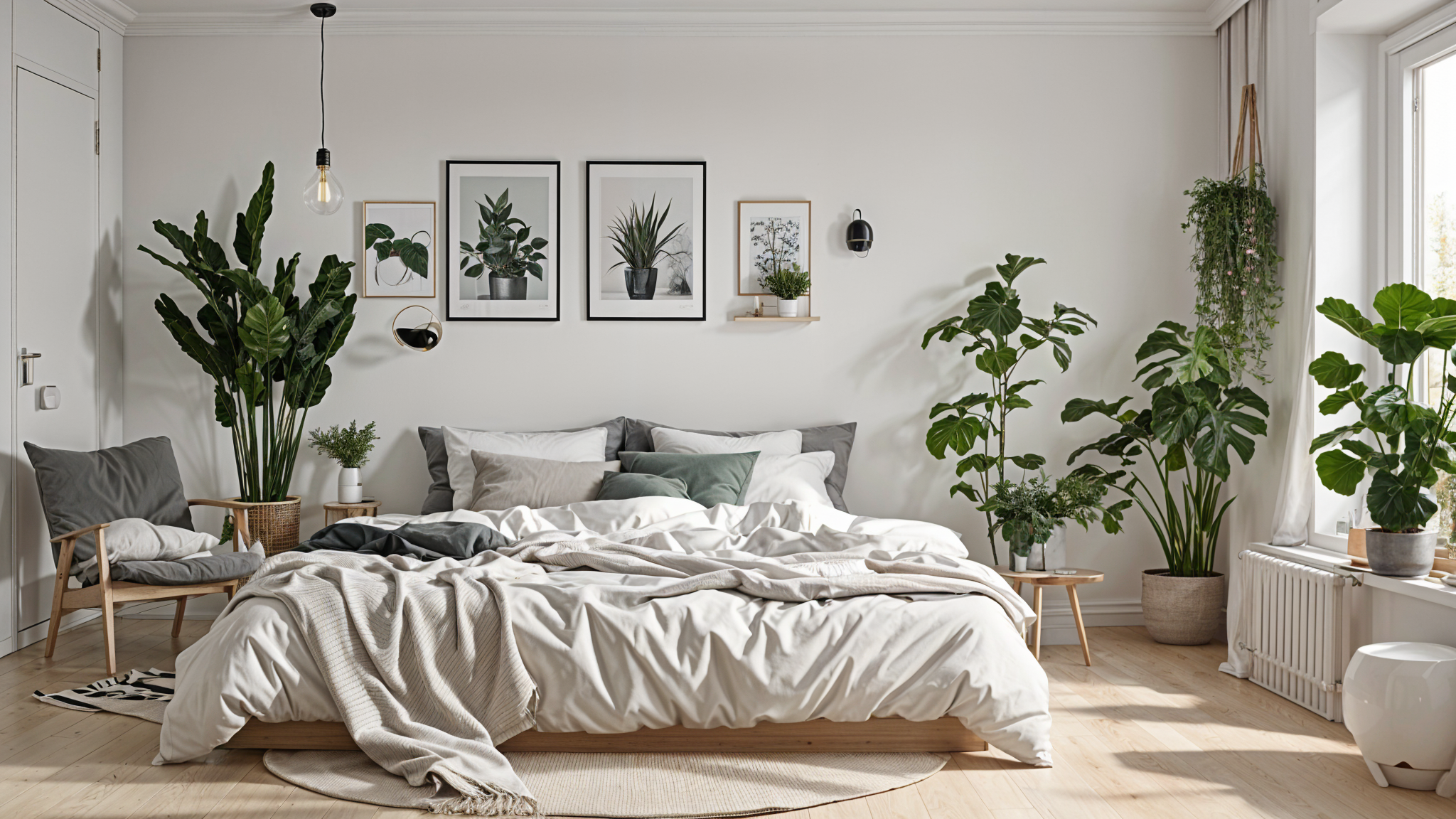 A bedroom with a large bed, white comforter, and green plants surrounding it. The room has a Scandinavian design style.