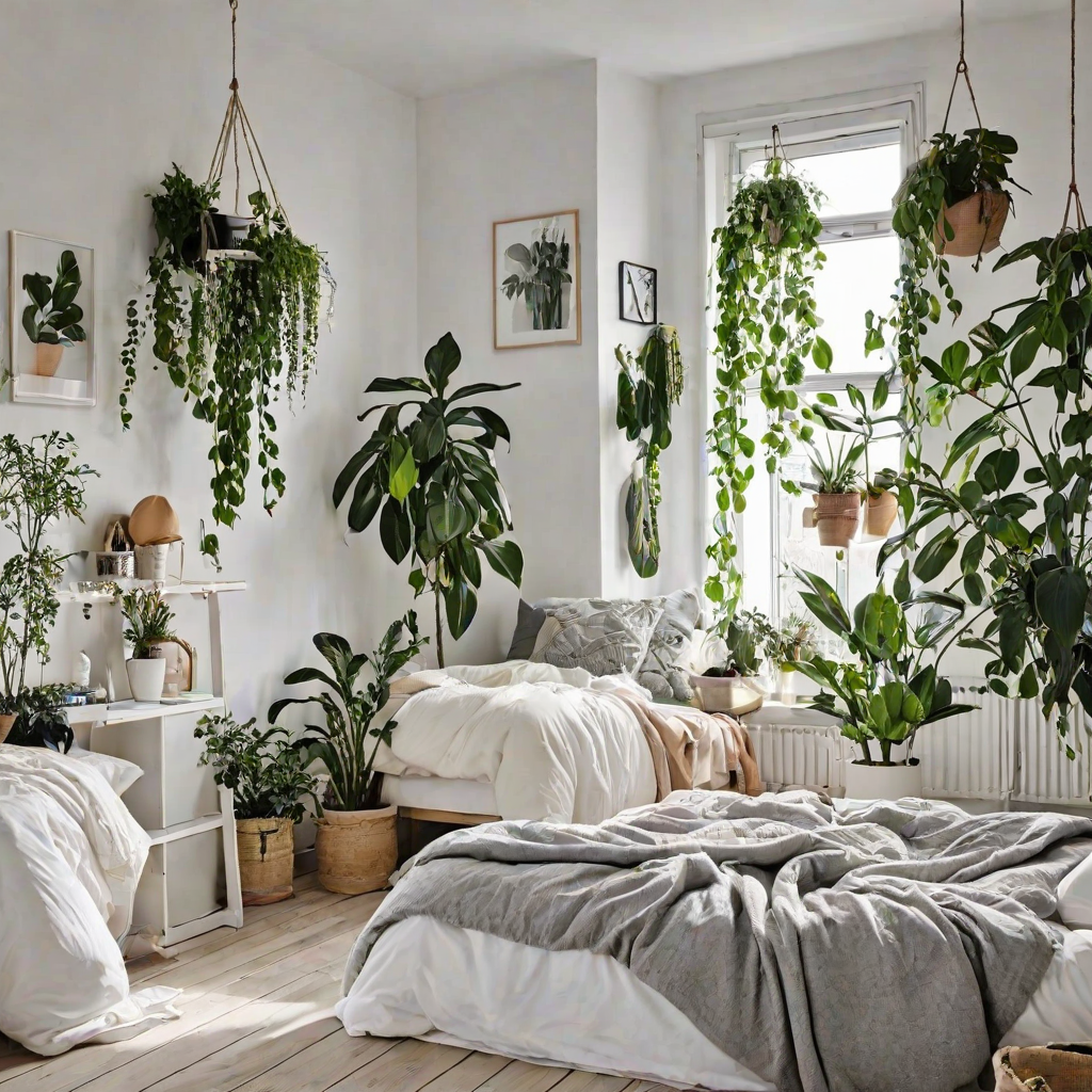 Scandinavian bedroom with a bed, window, and hanging plants