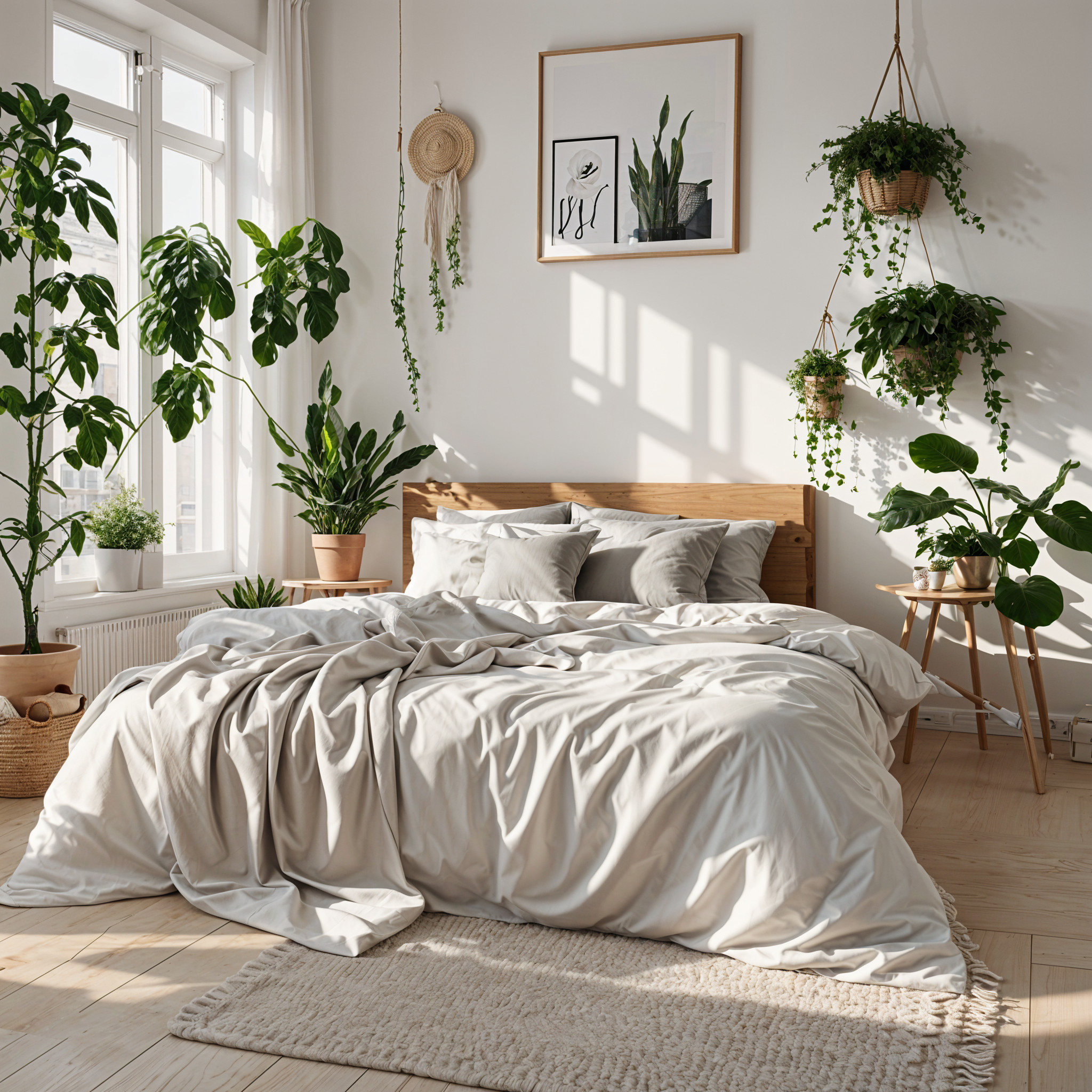 A bedroom with a large bed and several potted plants, in a Scandinavian design style.
