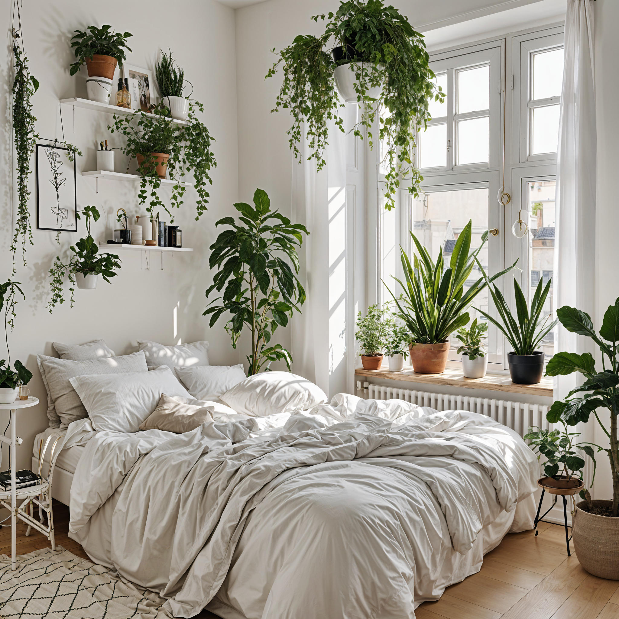A bedroom with a large white bed and many potted plants, in a Scandinavian design style.