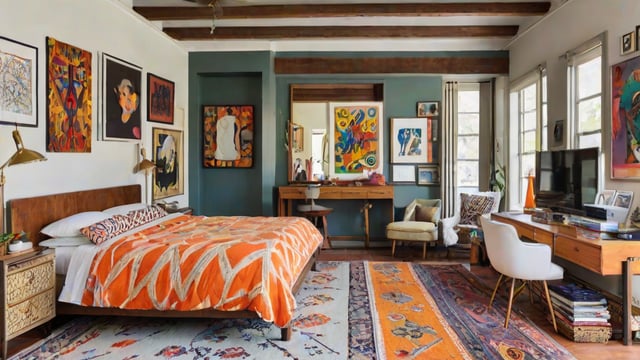 A bedroom with a large bed, a desk, and various art pieces on the walls. The room has an eclectic design style, featuring a mix of different colors and patterns.