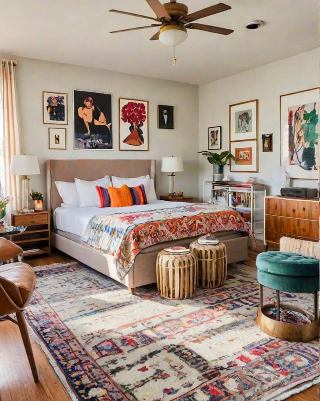 An eclectic bedroom with a large bed, a chair, and a rug. The bed is adorned with a colorful comforter and pillows, and there are several pictures on the wall. A potted plant and a vase can be seen adding to the room's charm.