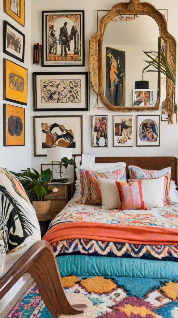 A cozy bedroom with a large bed, wooden headboard, chair, potted plant and vase. The room is decorated with eclectic artwork on the walls.