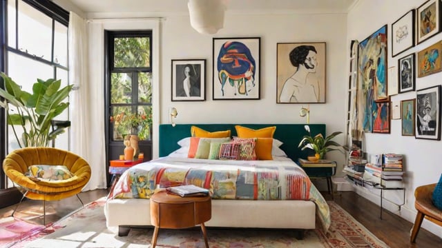 An eclectic bedroom with a colorful quilt, green headboard, and artwork on the walls.