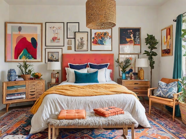 A cozy eclectic bedroom with a large bed, bench, and pictures on the wall.