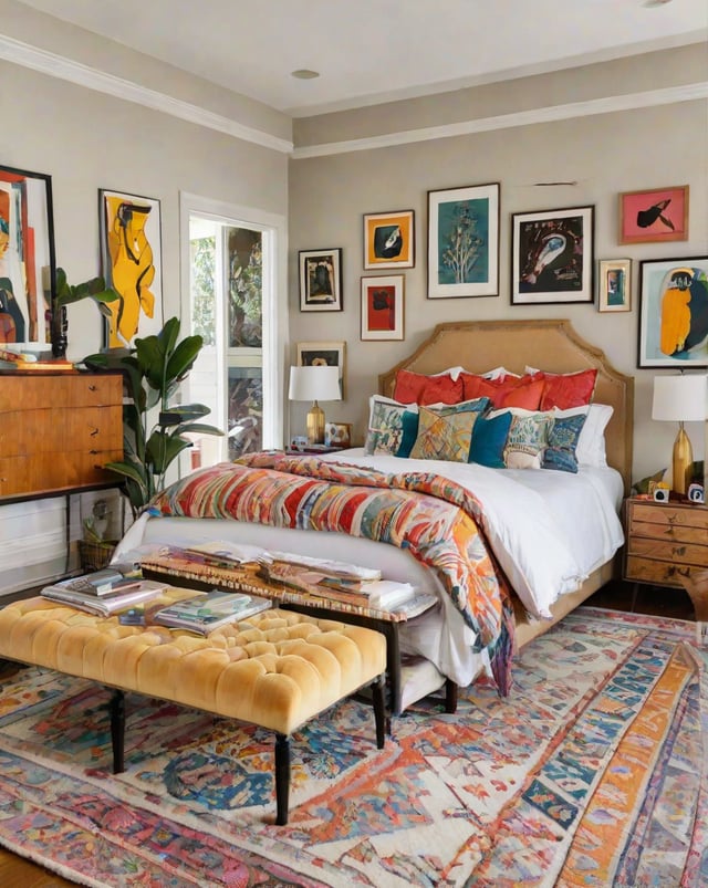 A bedroom with a large bed and eclectic artwork. The room is decorated with a colorful bedspread and features a bench at the foot of the bed.