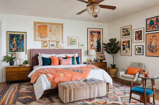 An eclectic bedroom with a large bed, bench, and artwork on the walls.