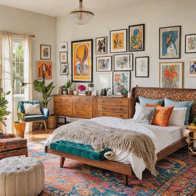 An eclectic bedroom with a large bed, green bench, and various decorative elements.