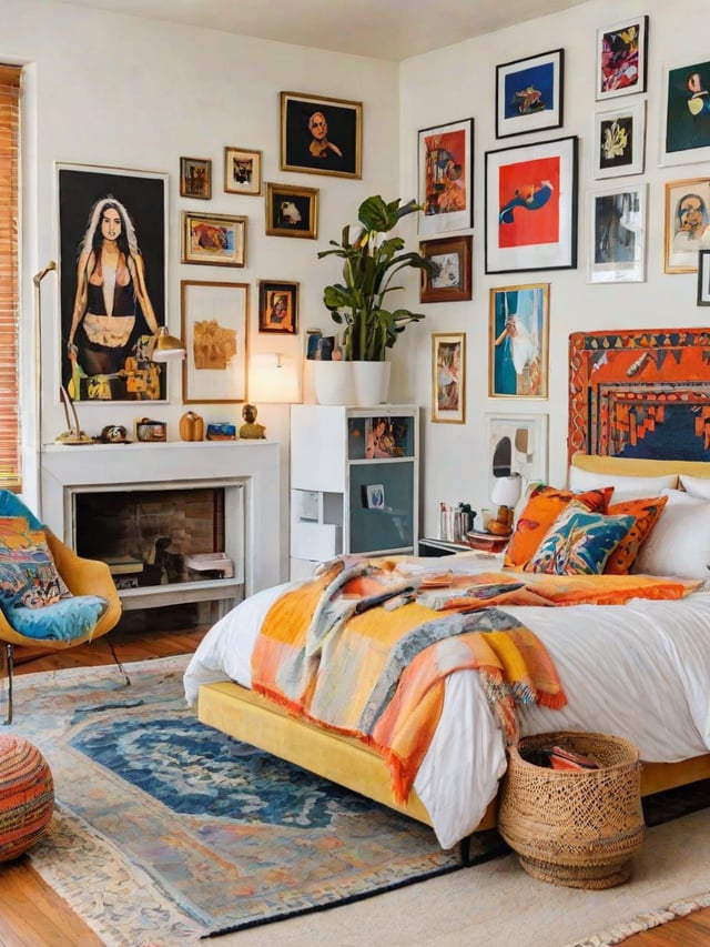 A bedroom with a large bed, a fireplace, and eclectic artwork on the walls.