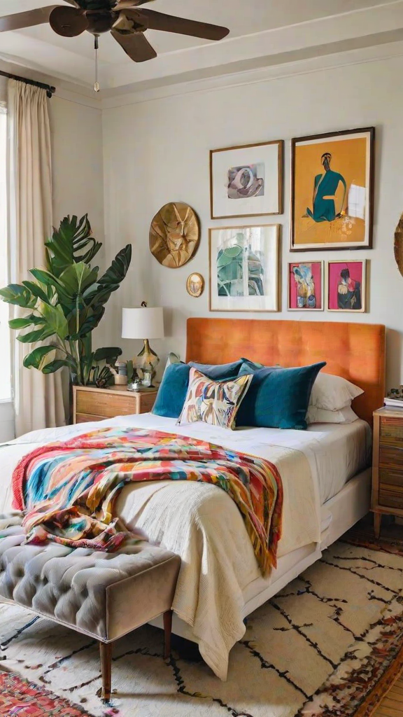 Colorful bedroom with eclectic design and artworks