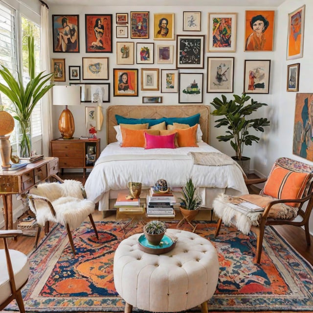 Eclectic bedroom with a large bed, two chairs, and various decorations