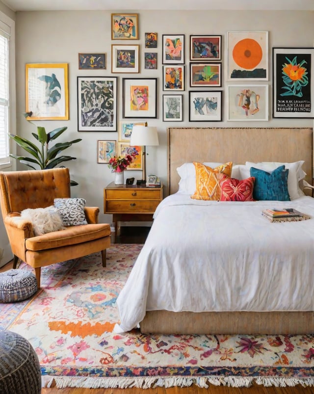 Eclectic bedroom with a large bed, chair, rug, and artwork on the walls.