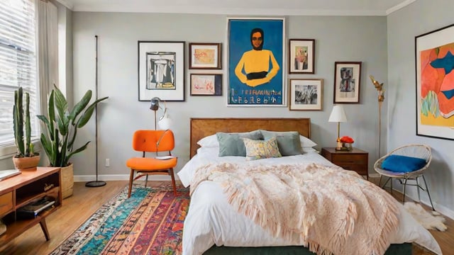 A bedroom with a large bed, eclectic artwork, and a colorful throw blanket.