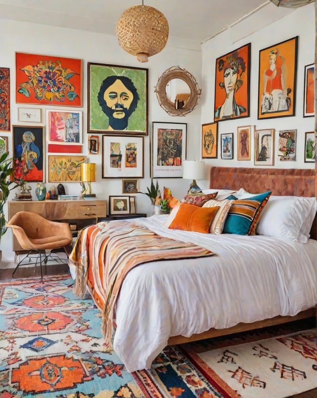 A bedroom with an eclectic design style, featuring a large bed, a chair, and a variety of artwork on the walls.