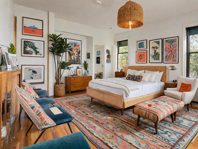 Eclectic bedroom with a large bed, couch, rug, artworks, potted plant, and window