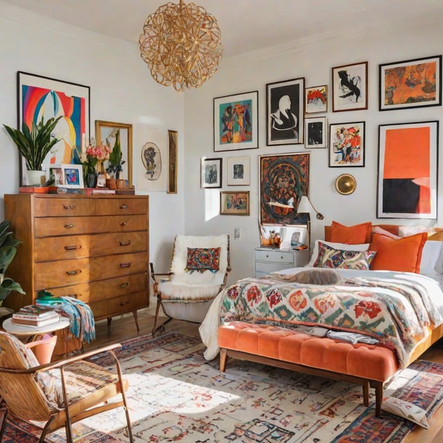 Eclectic bedroom with a colorful quilt, chair, dresser, potted plant, and vase.