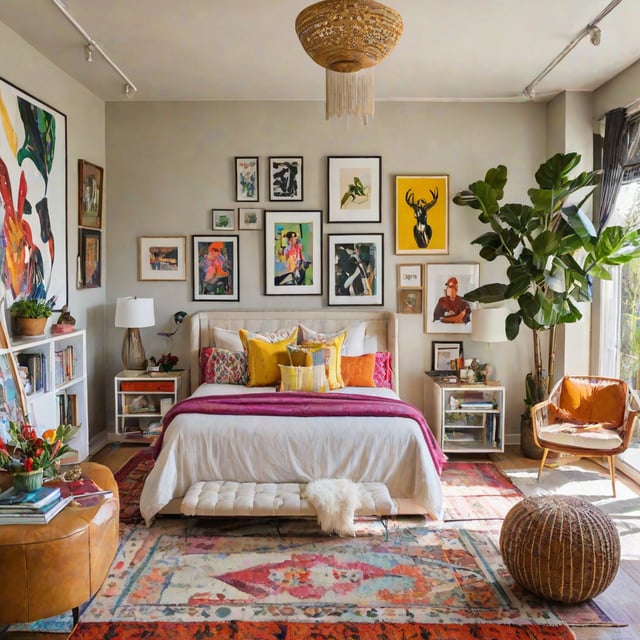 Eclectic bedroom with a large bed, rug, and various artwork on the walls. The room also features a potted plant, a chair, and a couch.