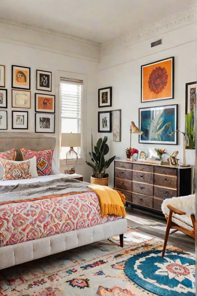 Eclectic bedroom with a colorful comforter and pillows, potted plant, vase, and pictures on the wall.