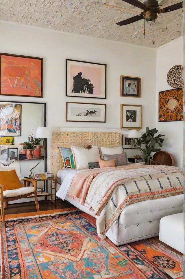 A bedroom with a large bed, wooden headboard, and eclectic artwork on the walls.