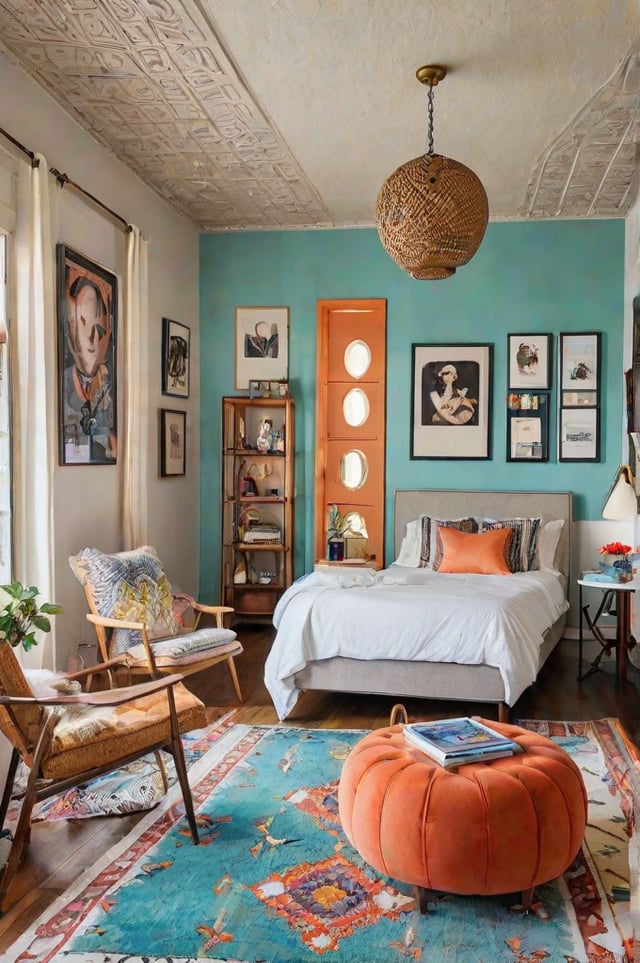 An eclectic bedroom with a large orange pillow on the bed, art pieces on the walls, and a cozy atmosphere.