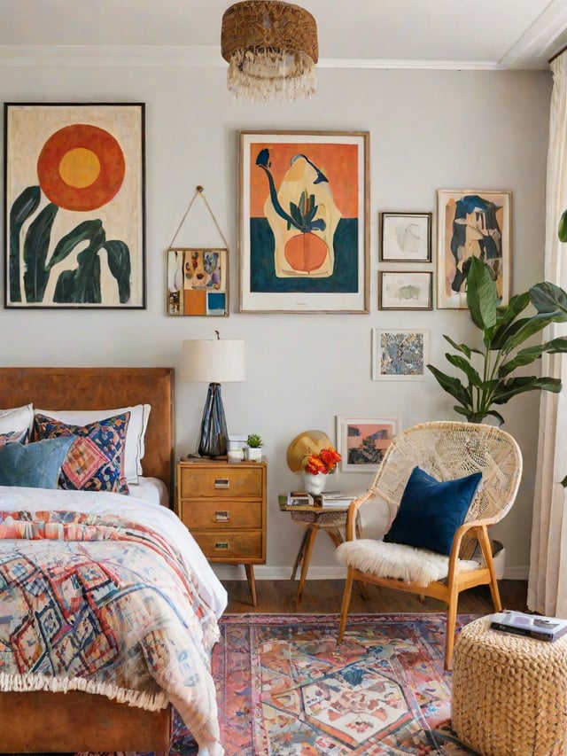 A cozy bedroom with a colorful bed, a chair, and eclectic artwork on the walls.